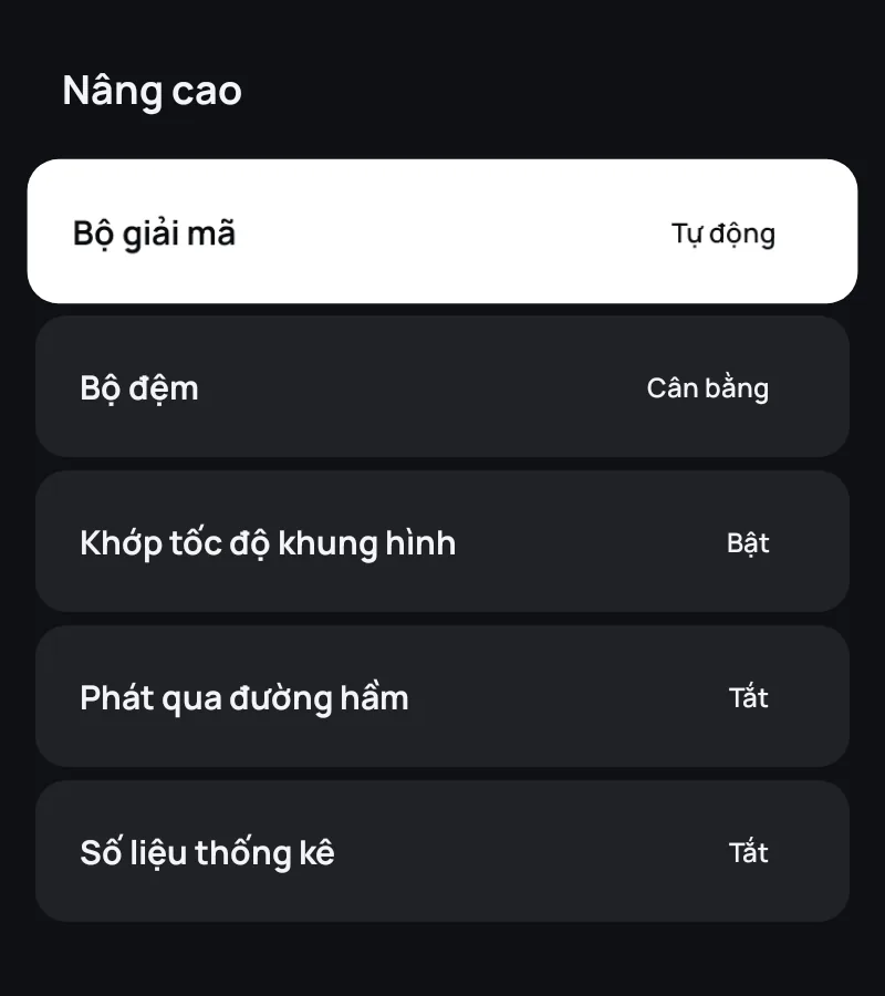 Cài đặt nâng cao của trình phát trong Zapvo: bộ giải mã, bộ đệm, tốc độ khung hình và số liệu thống kê