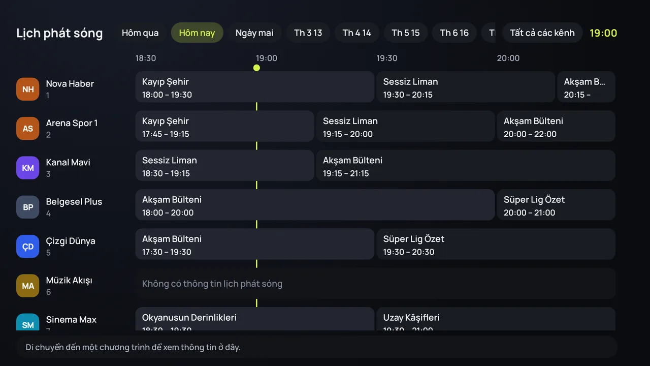 Lịch phát sóng (EPG) của Zapvo trên Android TV: kênh ở bên cạnh, chương trình trong suốt ngày