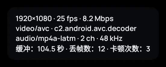 Zapvo 的播放统计信息:分辨率、解码器、缓冲、丢帧和卡顿次数
